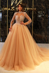 Bmbridal Long Sleeves Ball Gown Prom Dress Tulle With Appliques